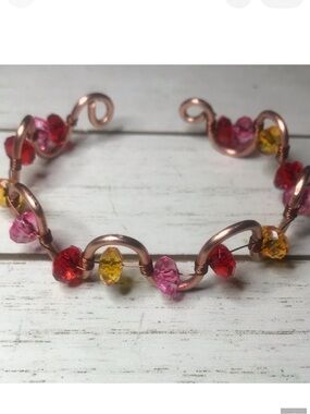 Copper Wave Cuff Bracelet with Pink, Red & Yellow Beads